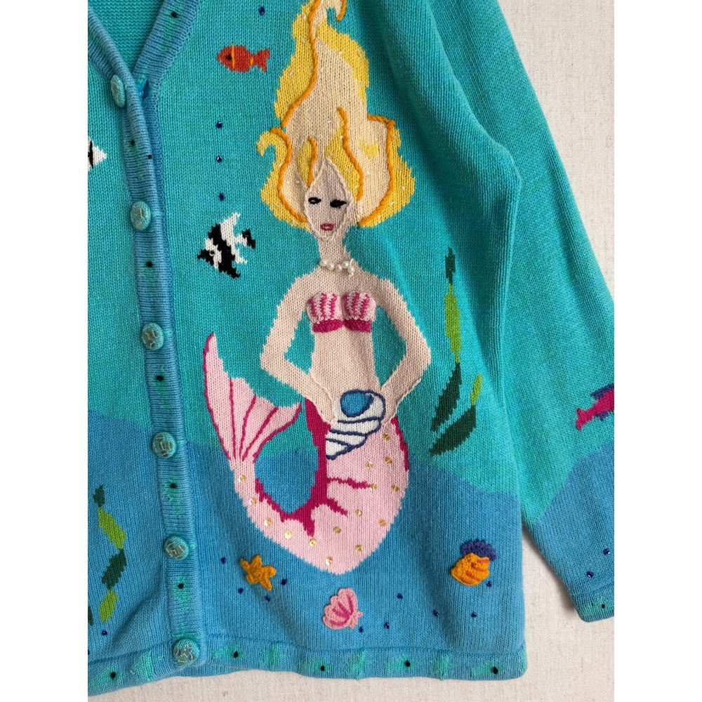 Storybook Knits Mermaid Cardigan Teal Blue Beaded Embroidered Novelty Sweater 1X - Picture 4 of 6